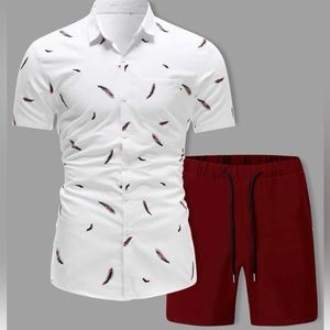 Men Feather Print Shirt & Drawstring Waist Shorts.